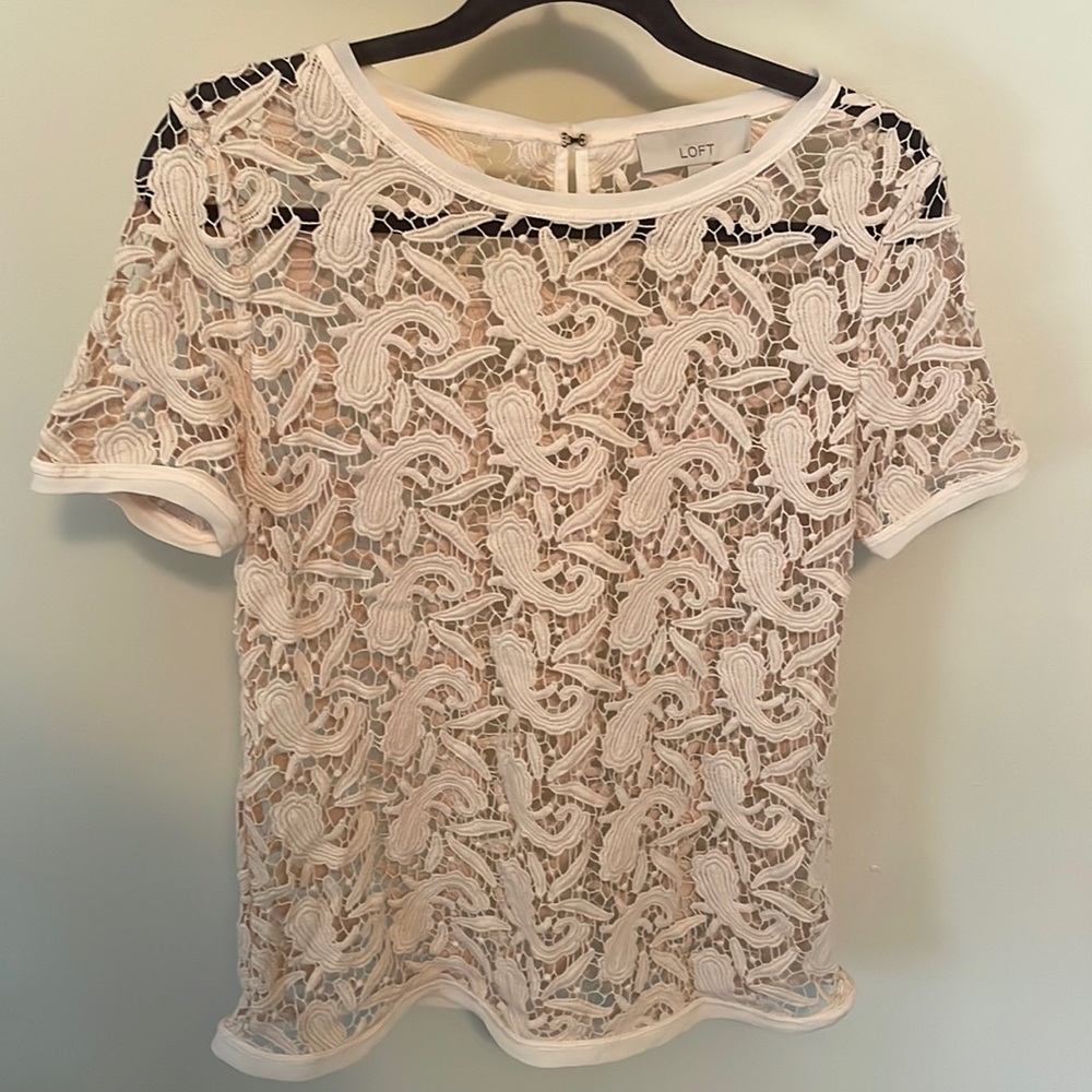 LOFT Crochet Paisley Blush Pink Blouse Small See Through Key Hole Back Boho